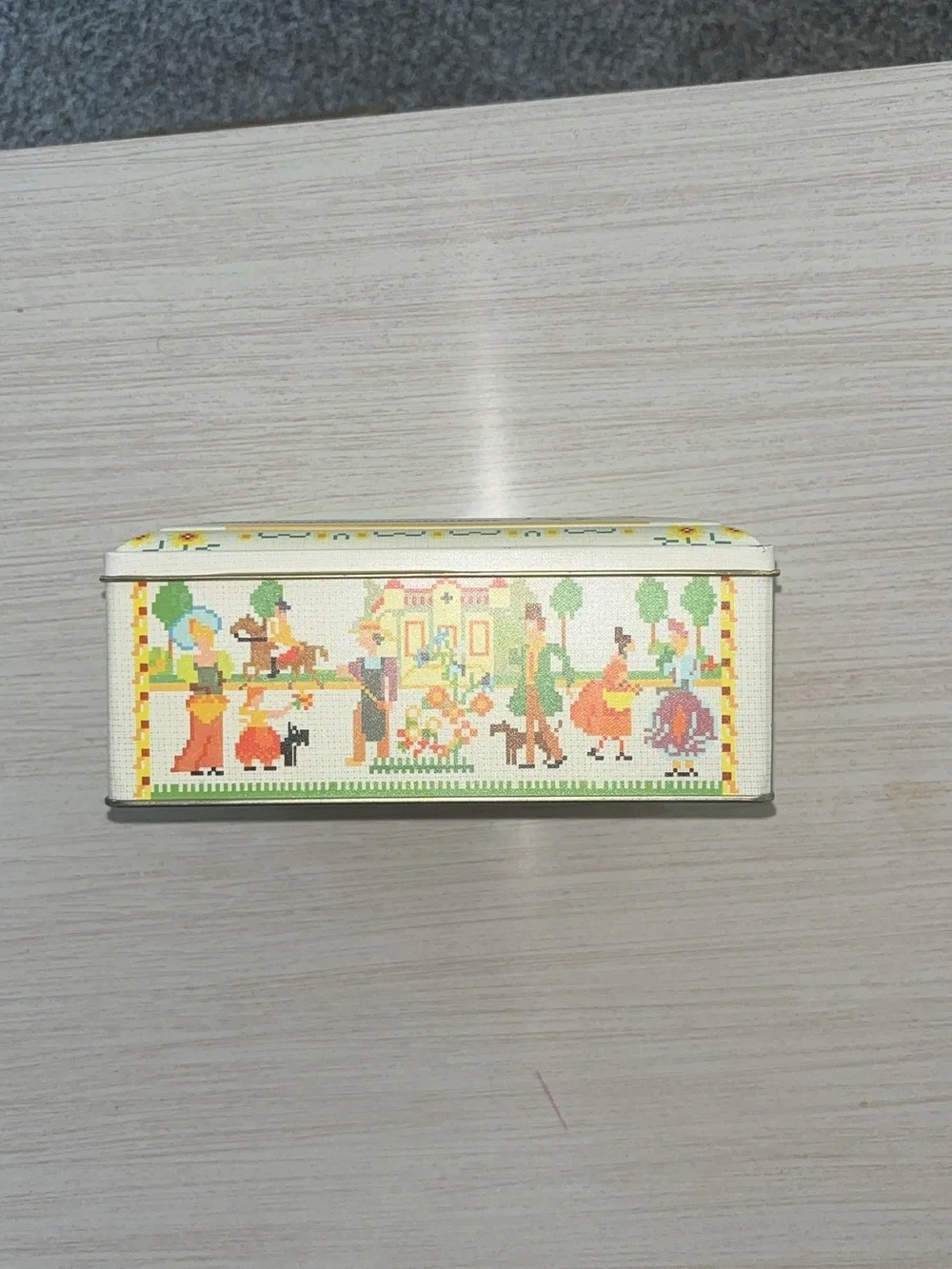 Vintage Illustrated Metal Storage Tin in Cream and Multicolor